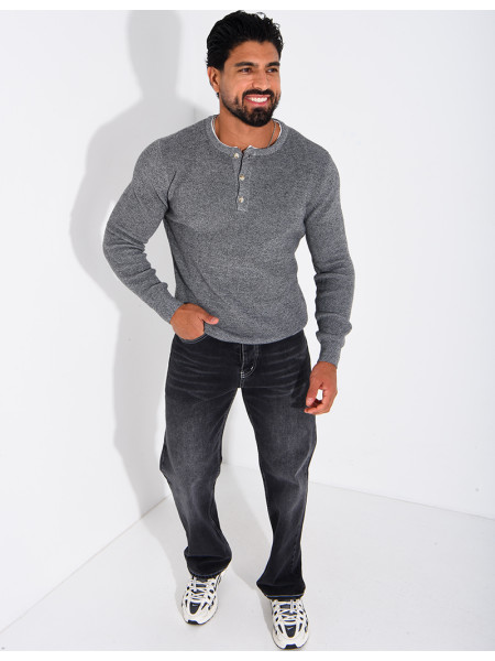 Pull col rond boutonné en maille chinée
