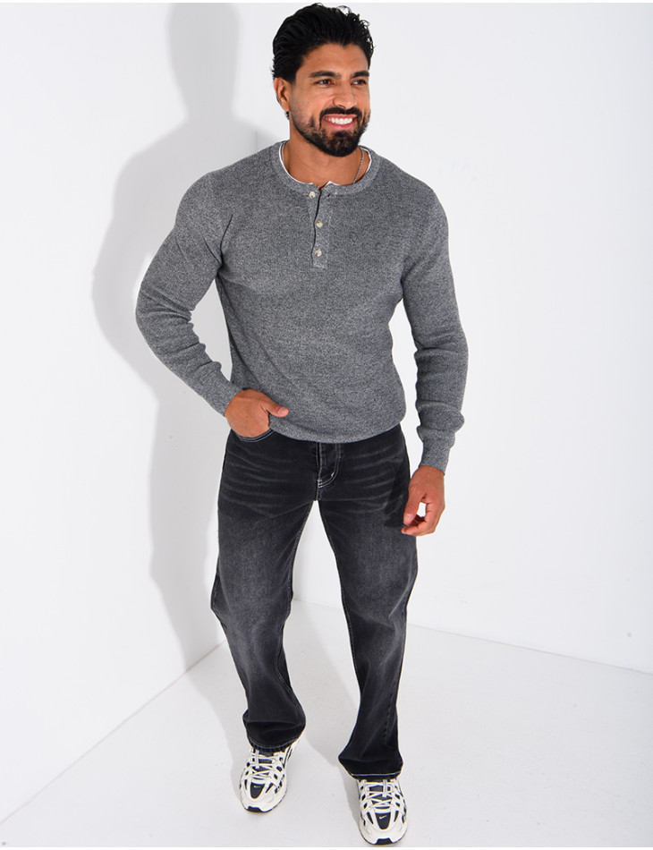 Pull col rond boutonné en maille chinée