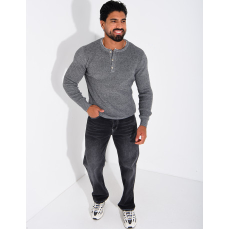 Pull col rond boutonné en maille chinée