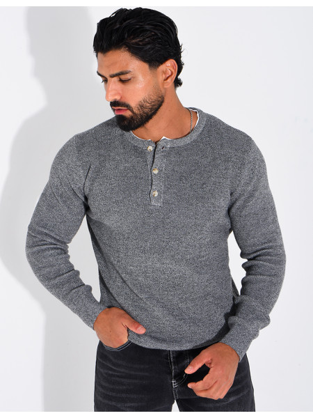 Pull col rond boutonné en maille chinée