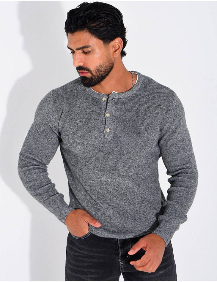 Pull col rond boutonné en maille chinée