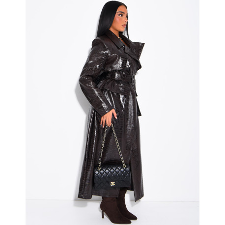 Long faux crocodile-effect trench coat