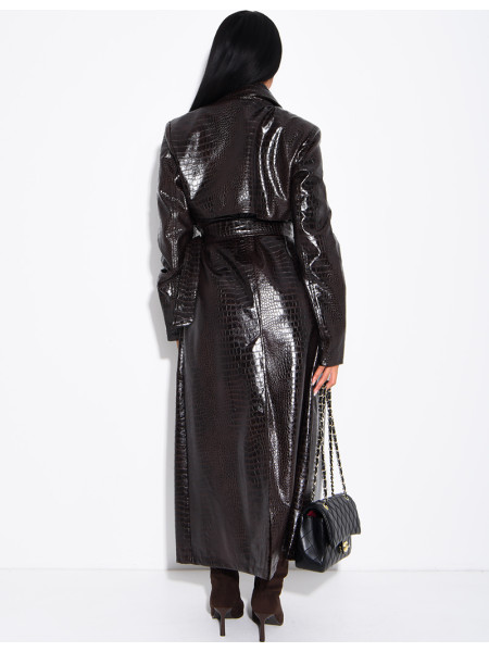 Long faux crocodile-effect trench coat