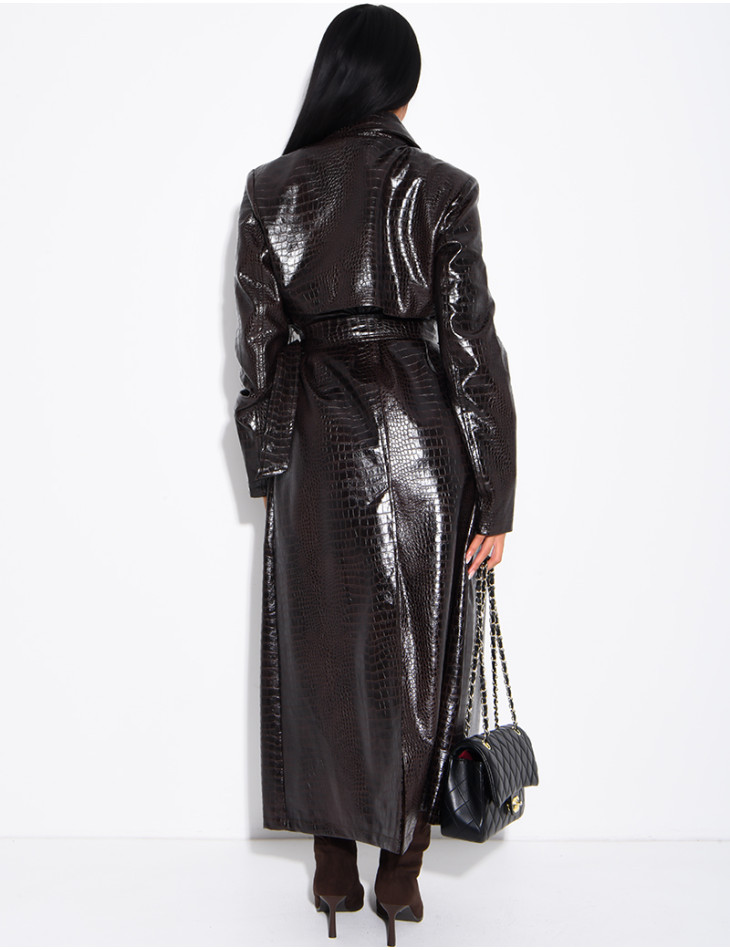 Long faux crocodile-effect trench coat