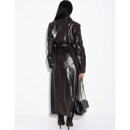 Long faux crocodile-effect trench coat
