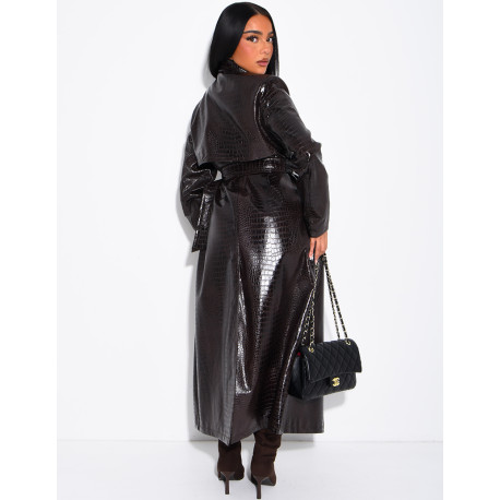 Long faux crocodile-effect trench coat