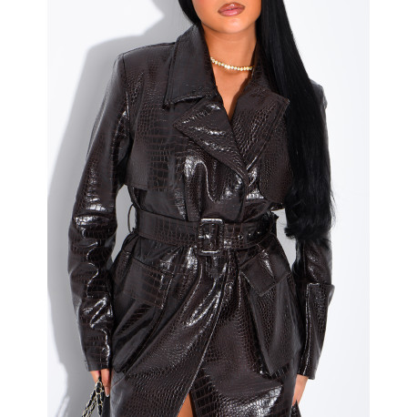 Long faux crocodile-effect trench coat
