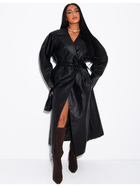 Long trench coat in grained faux leather