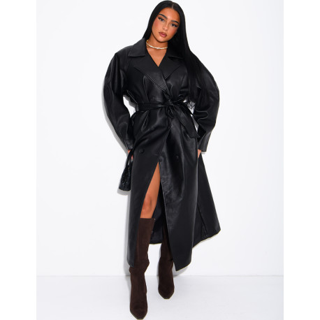 Long trench coat in grained faux leather