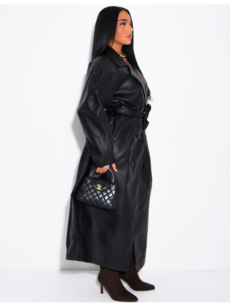 Long trench coat in grained faux leather