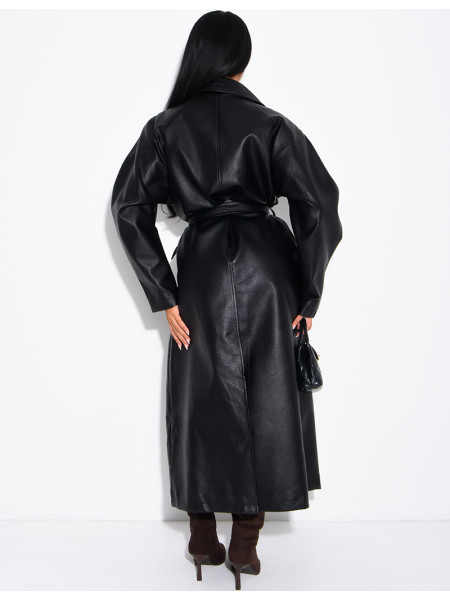 Long trench coat in grained faux leather
