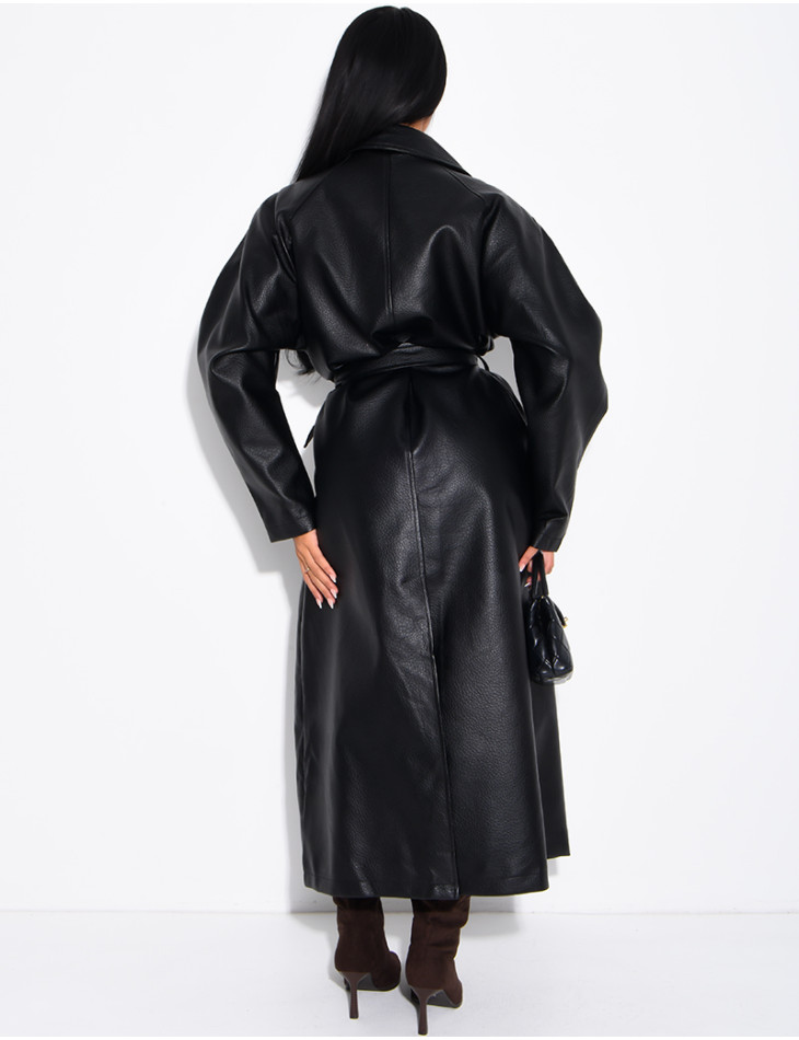 Long trench coat in grained faux leather