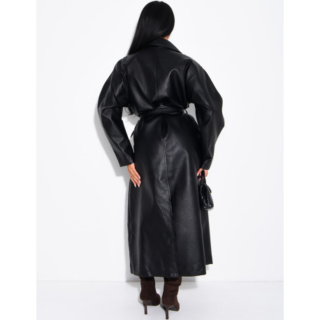 Long trench coat in grained faux leather