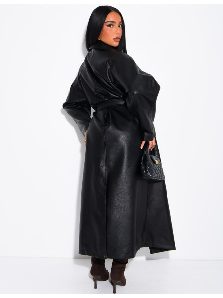 Long trench coat in grained faux leather