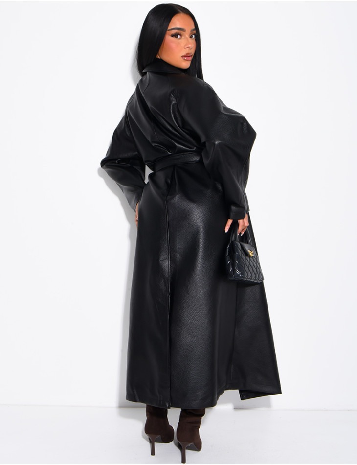 Long trench coat in grained faux leather