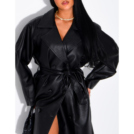 Long trench coat in grained faux leather