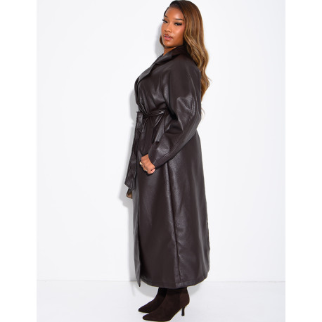 Long trench coat in grained faux leather