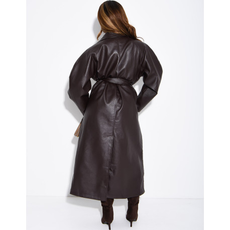 Long trench coat in grained faux leather
