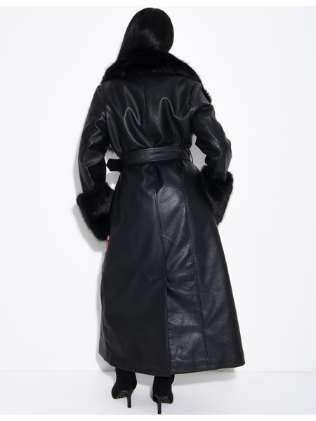 Long faux leather and fur coat