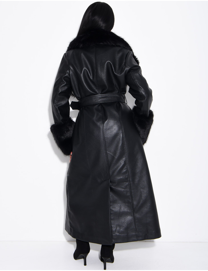 Long faux leather and fur coat