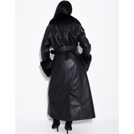 Long faux leather and fur coat