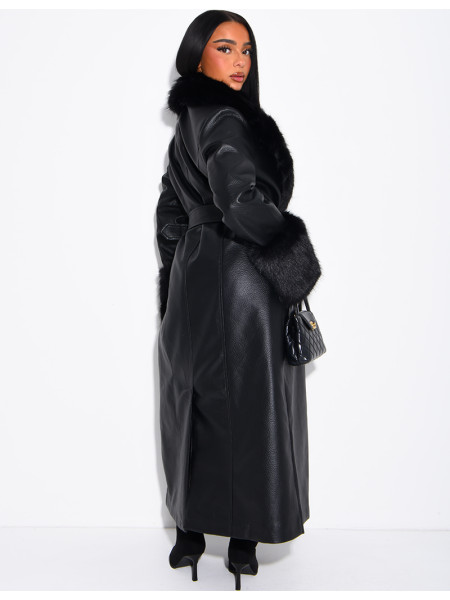 Long faux leather and fur coat