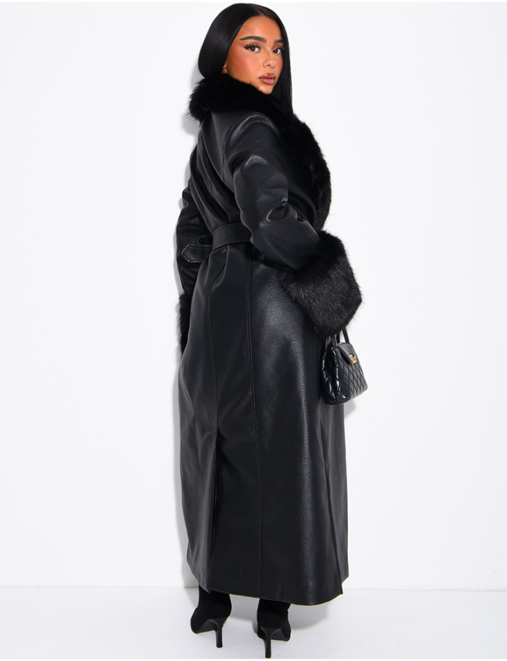 Long faux leather and fur coat