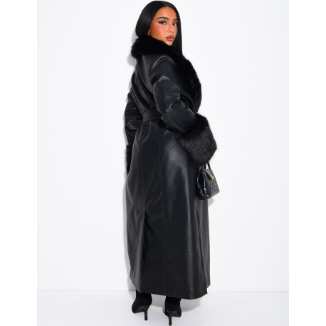 Long faux leather and fur coat