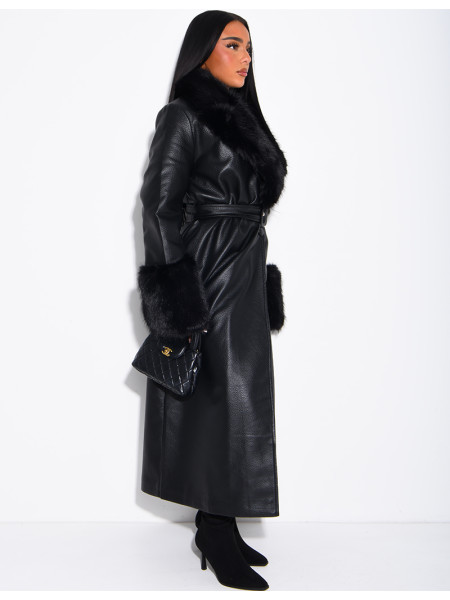 Long faux leather and fur coat