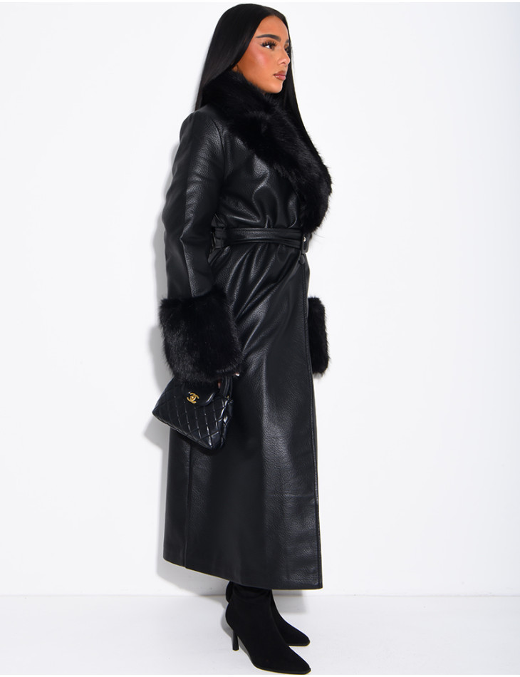Long faux leather and fur coat
