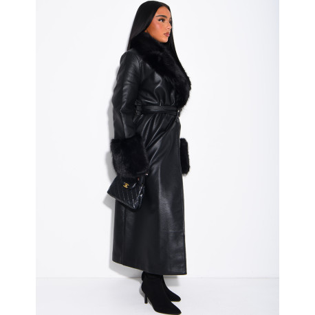 Long faux leather and fur coat