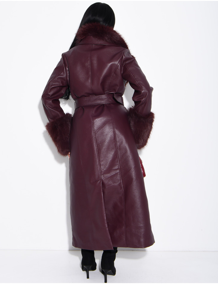 Long faux leather and fur coat
