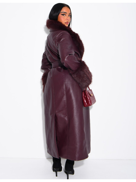 Long faux leather and fur coat