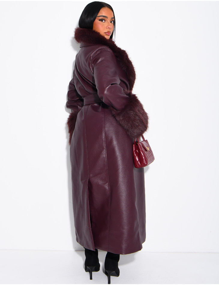 Long faux leather and fur coat