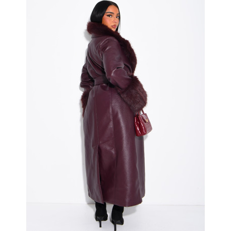 Long faux leather and fur coat