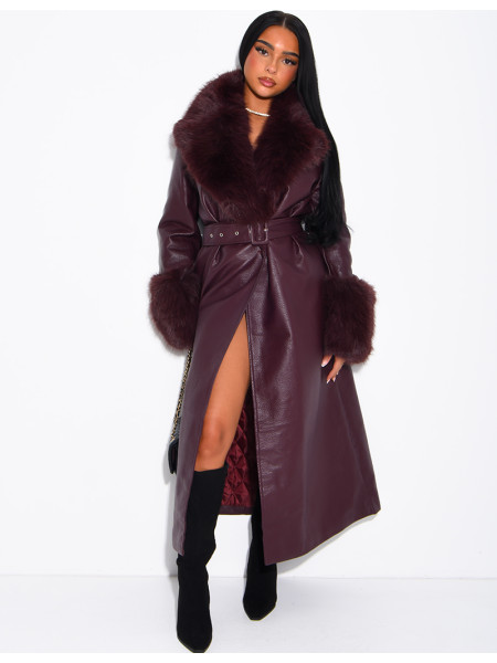 Long faux leather and fur coat