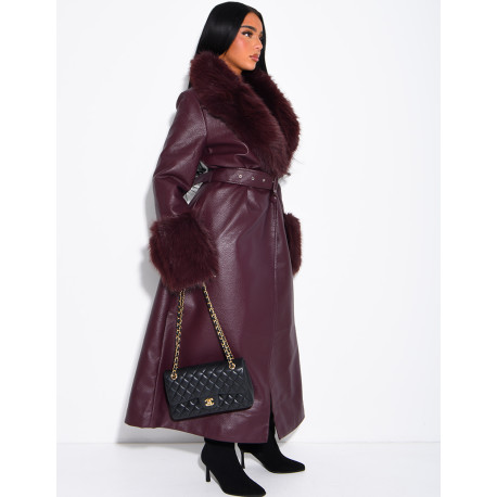 Long faux leather and fur coat