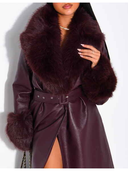 Long faux leather and fur coat
