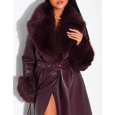 Long faux leather and fur coat