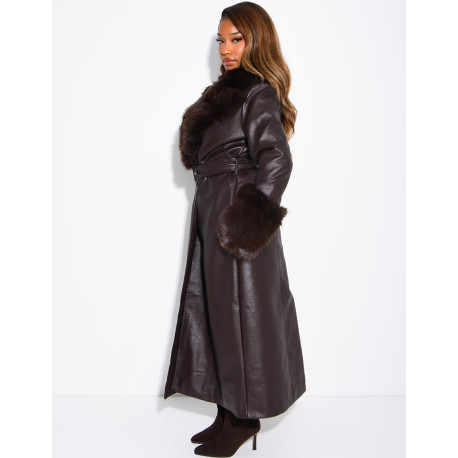 Long faux leather and fur coat