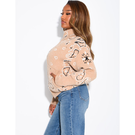 Printed knit zip-up cardigan