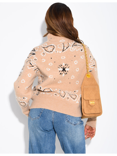 Printed knit zip-up cardigan