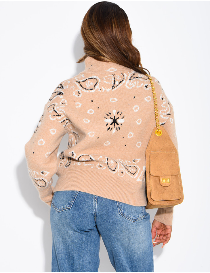 Printed knit zip-up cardigan