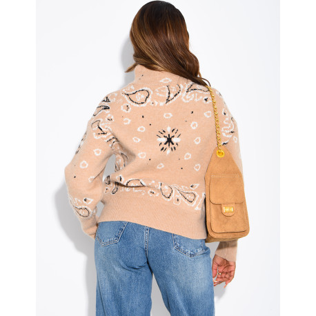 Printed knit zip-up cardigan