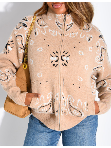 Printed knit zip-up cardigan