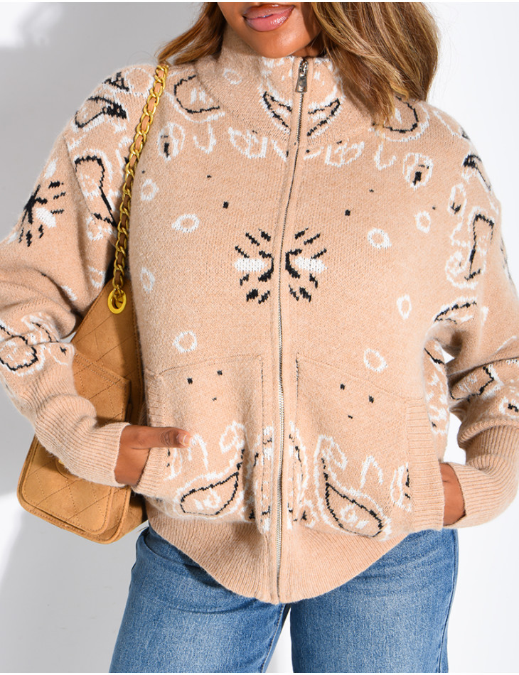 Printed knit zip-up cardigan