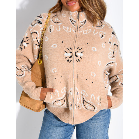 Printed knit zip-up cardigan