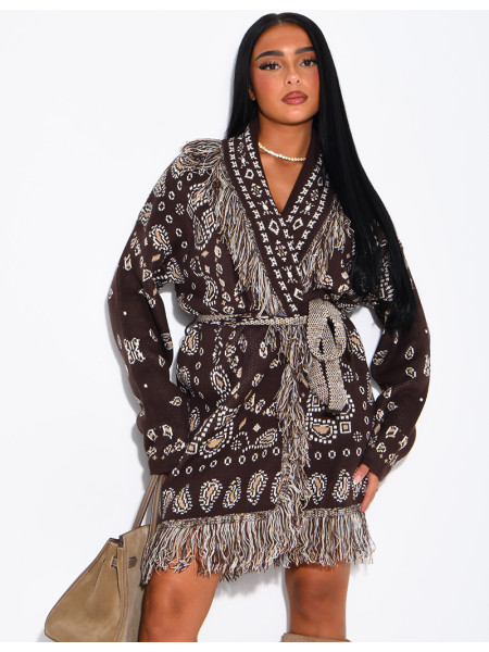 Long printed fringed cardigan with belt