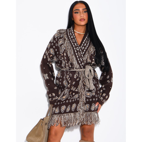 Long printed fringed cardigan with belt