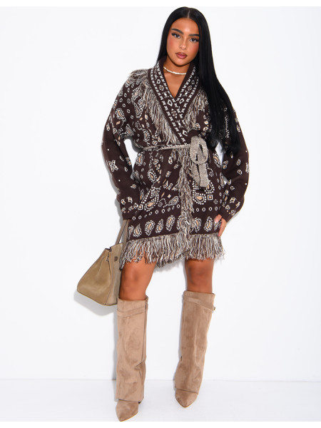 Long printed fringed cardigan with belt